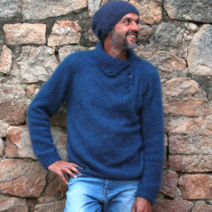 Boutique Mohair Tricot Main Sur Mesure Pull Leygua Bleu Pacifique Bonnet Filon Ardoise